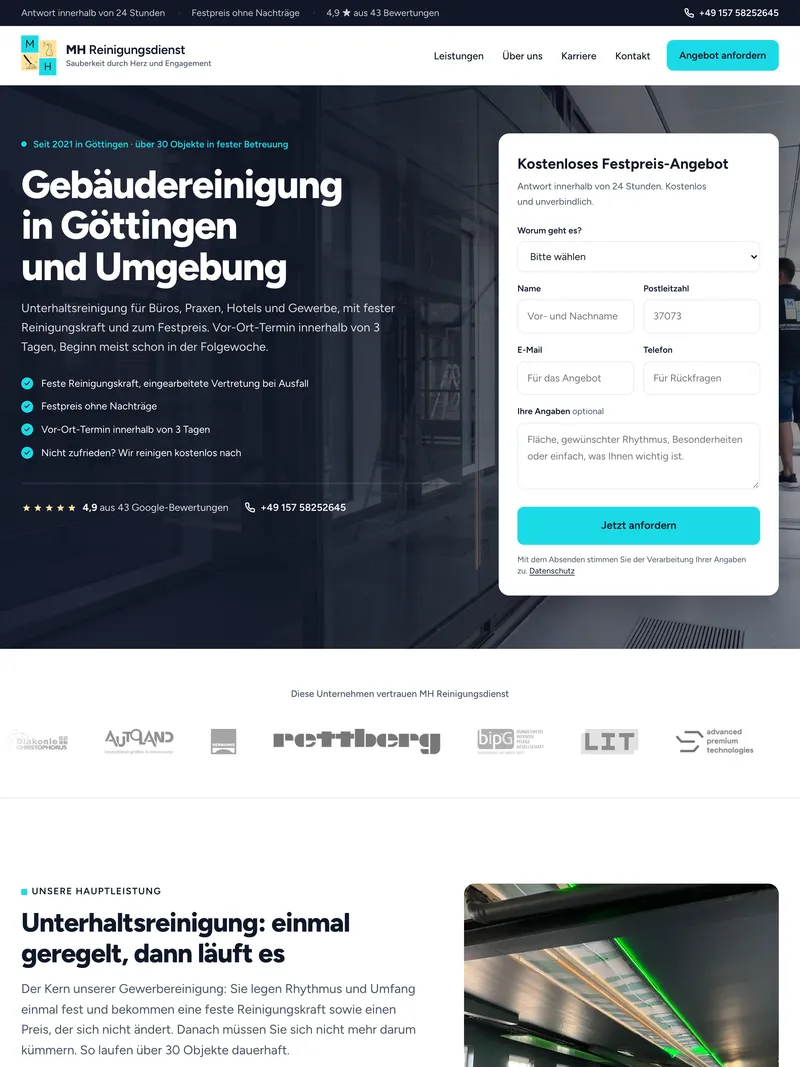 Website für einen Gebäudereinigungsbetrieb: heller Hero mit Angebotsformular, Headline „Gebäudereinigung in Göttingen und Umgebung" und Kundenlogos