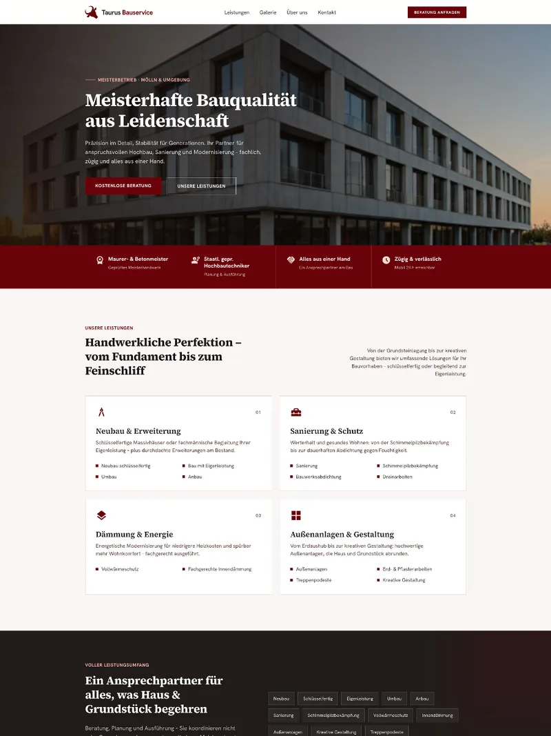 Website-Gestaltung für ein Bauunternehmen: dunkelroter Hero mit Gebäude und der Headline „Meisterhafte Bauqualität aus Leidenschaft"